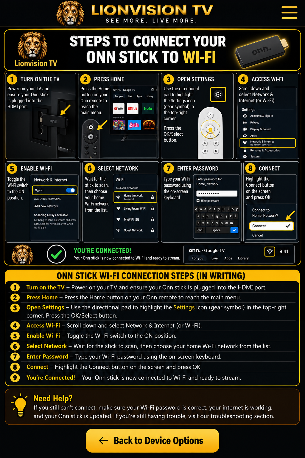 ONN Stick Wi-Fi connection guide