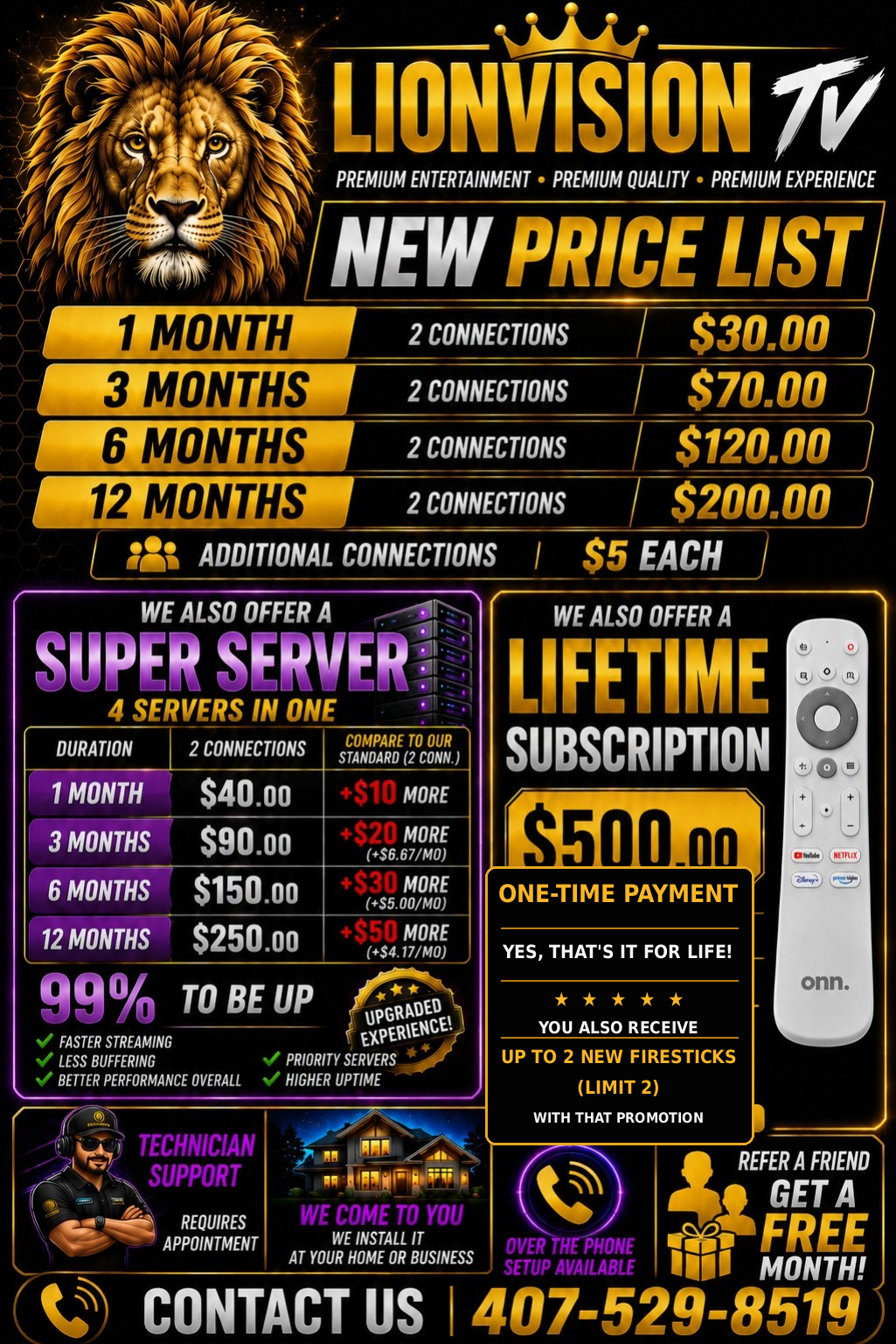 Lionvision TV price list with $500 one-time lifetime plan and up to two Firesticks