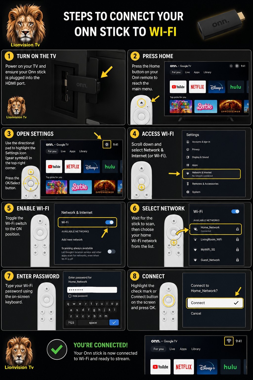 Steps to connect an Onn stick to Wi-Fi