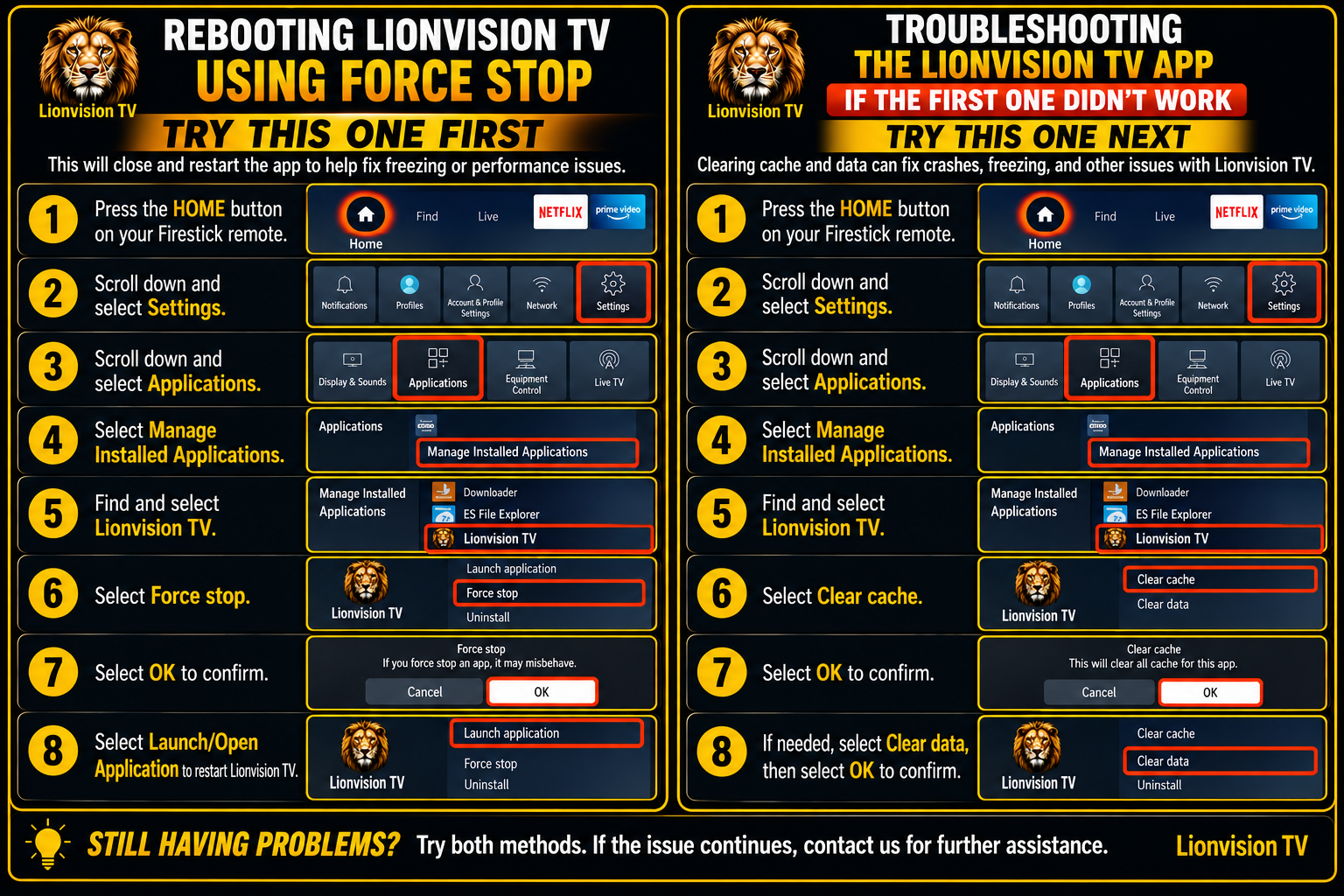 Lionvision TV Fire Stick troubleshooting force stop clear cache and clear data guide