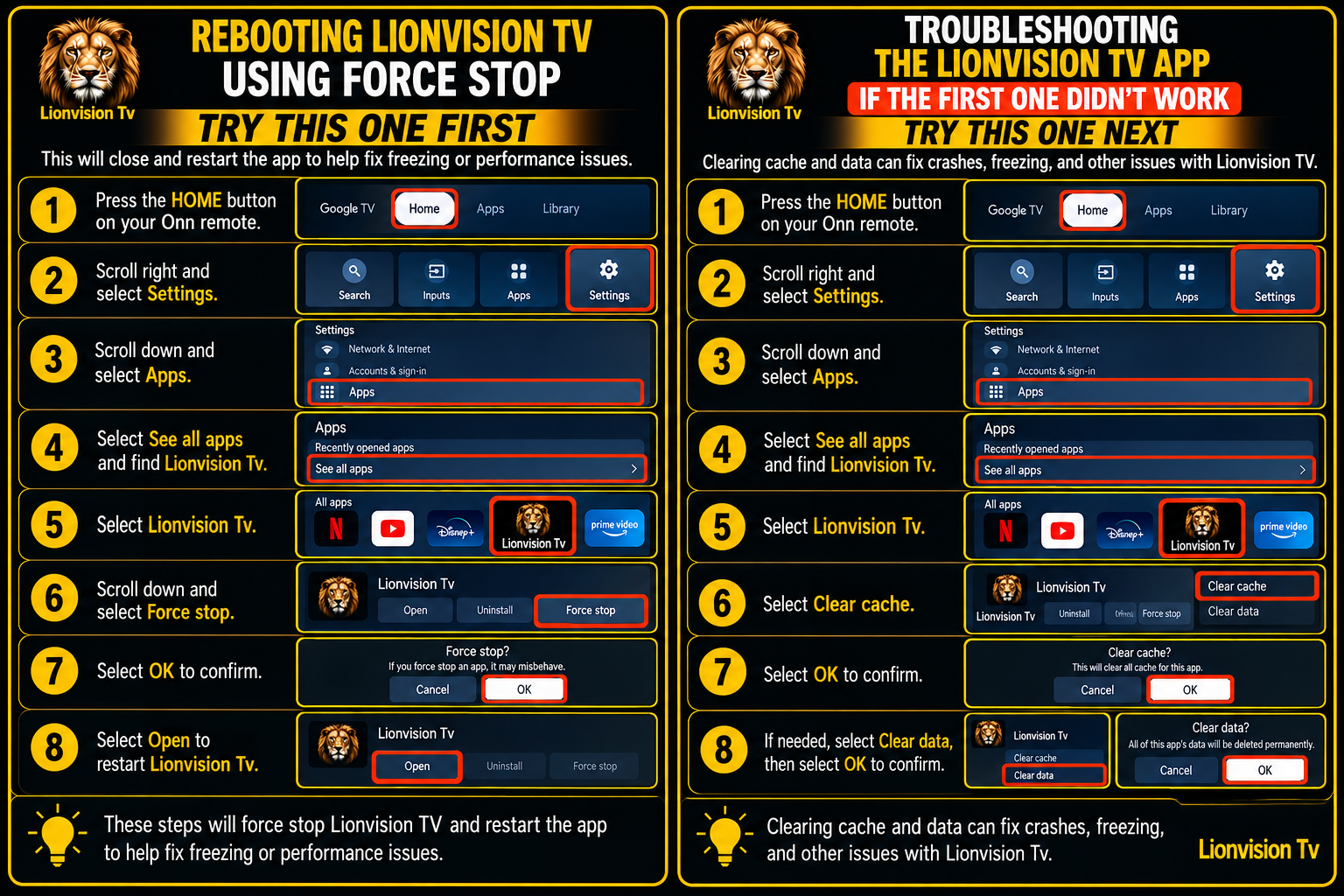 Lionvision TV ONN troubleshooting force stop and clear cache guide
