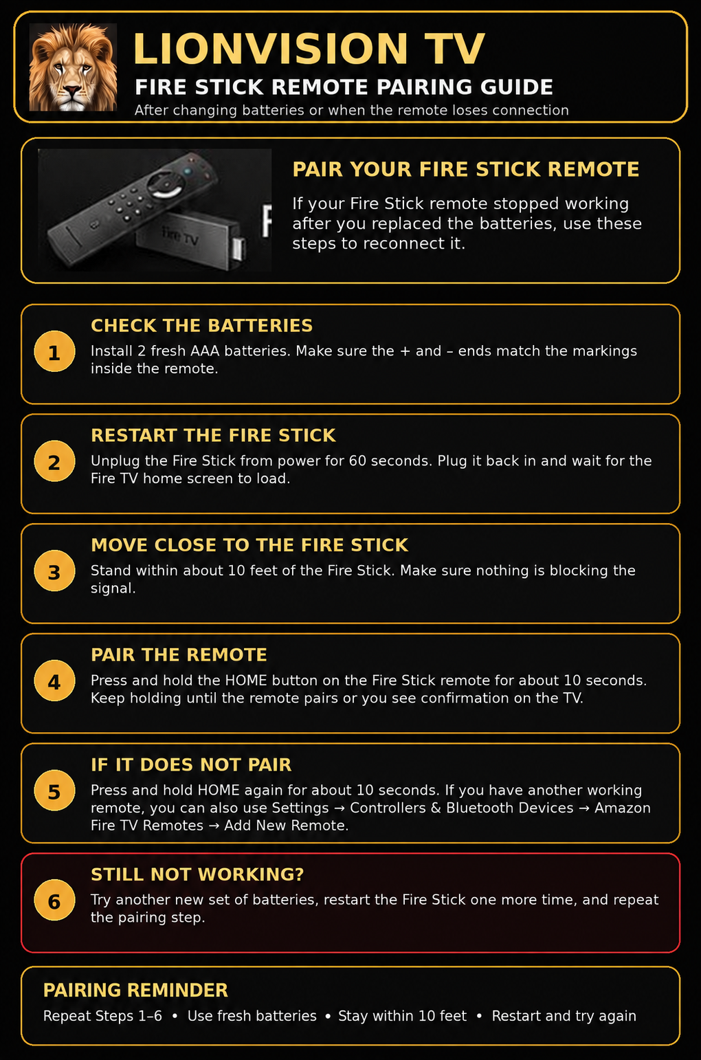LionVision TV Fire Stick remote pairing guide after replacing batteries