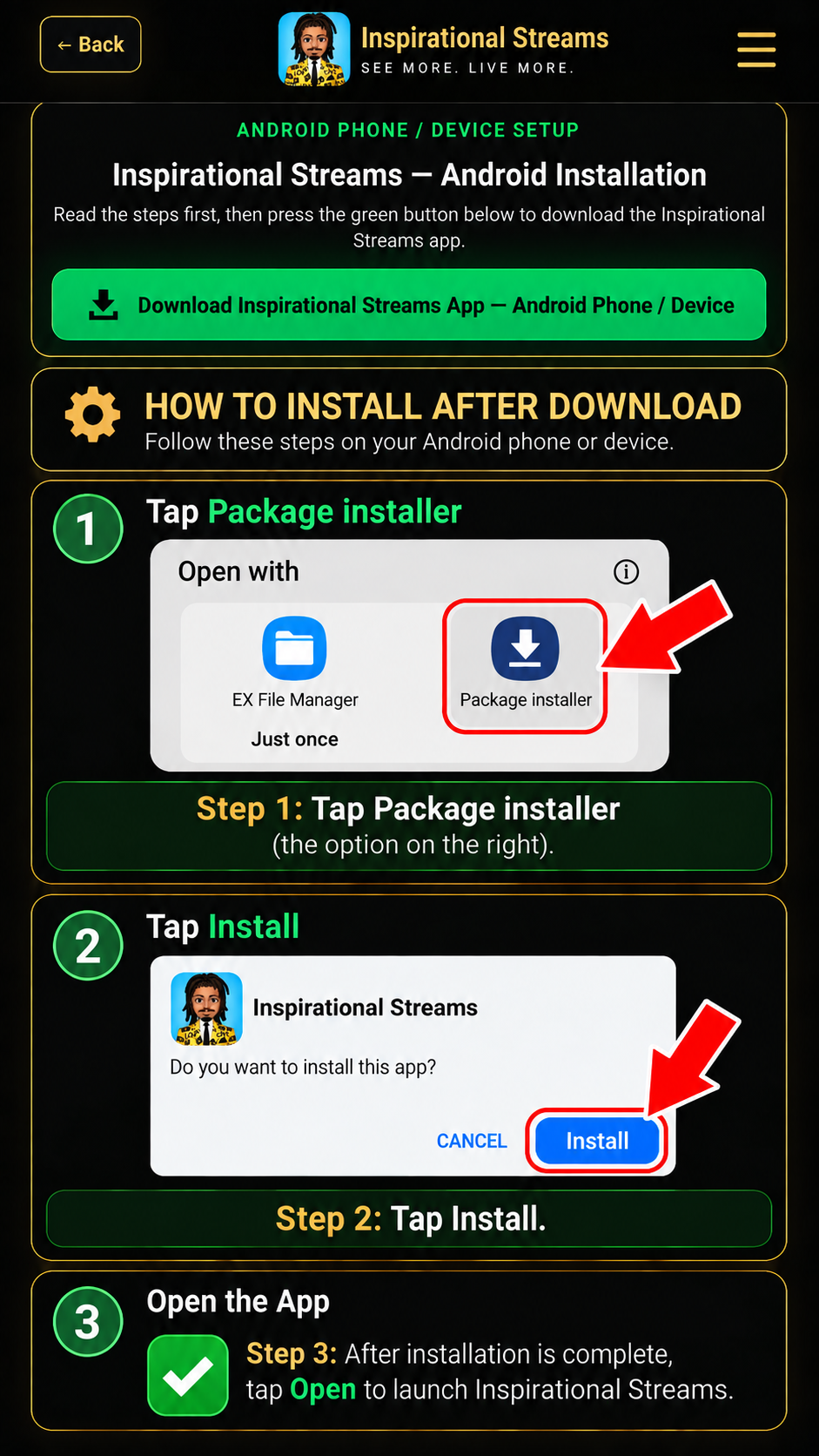 Inspirational Streams Android installation guide showing Package installer, Install, and Open