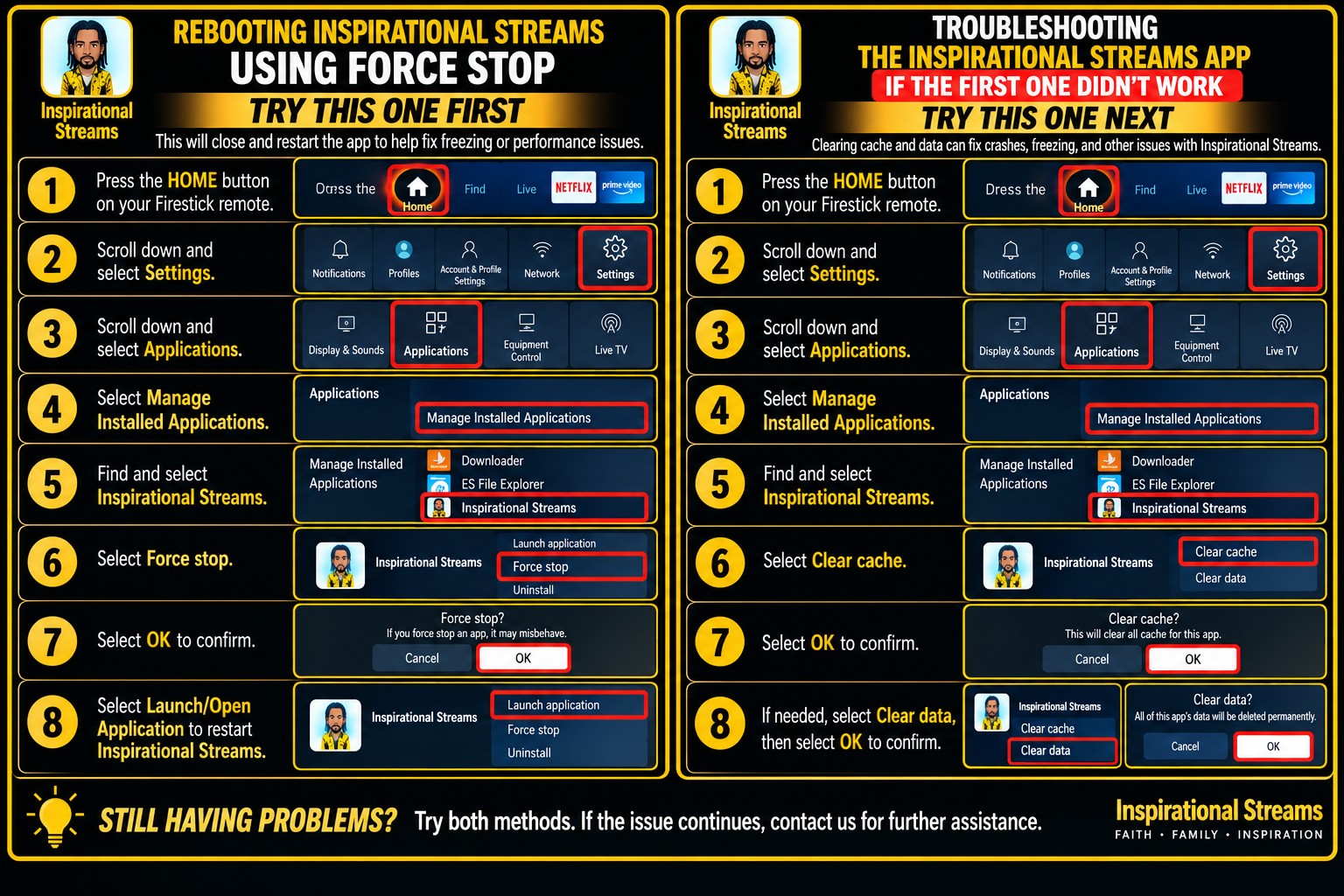 Inspirational Streams Fire Stick troubleshooting force stop and clear cache guide