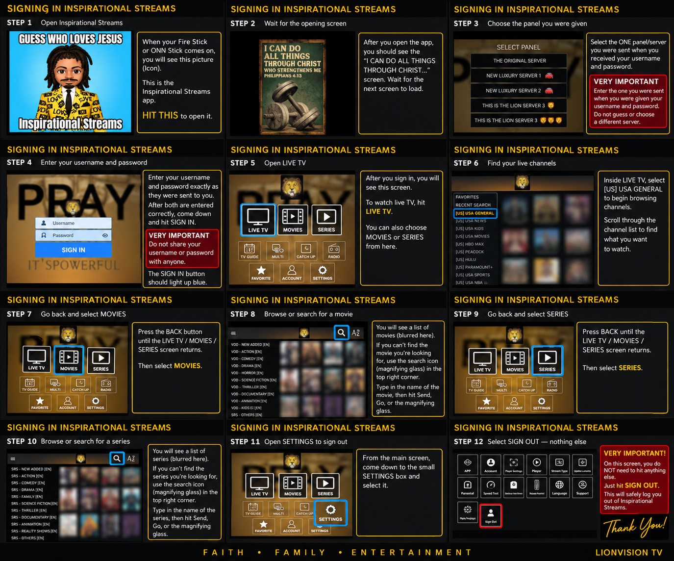 Inspirational Streams 12-step login and setup picture guide