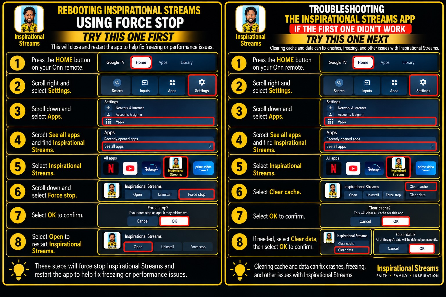 Inspirational Streams ONN troubleshooting force stop and clear cache guide