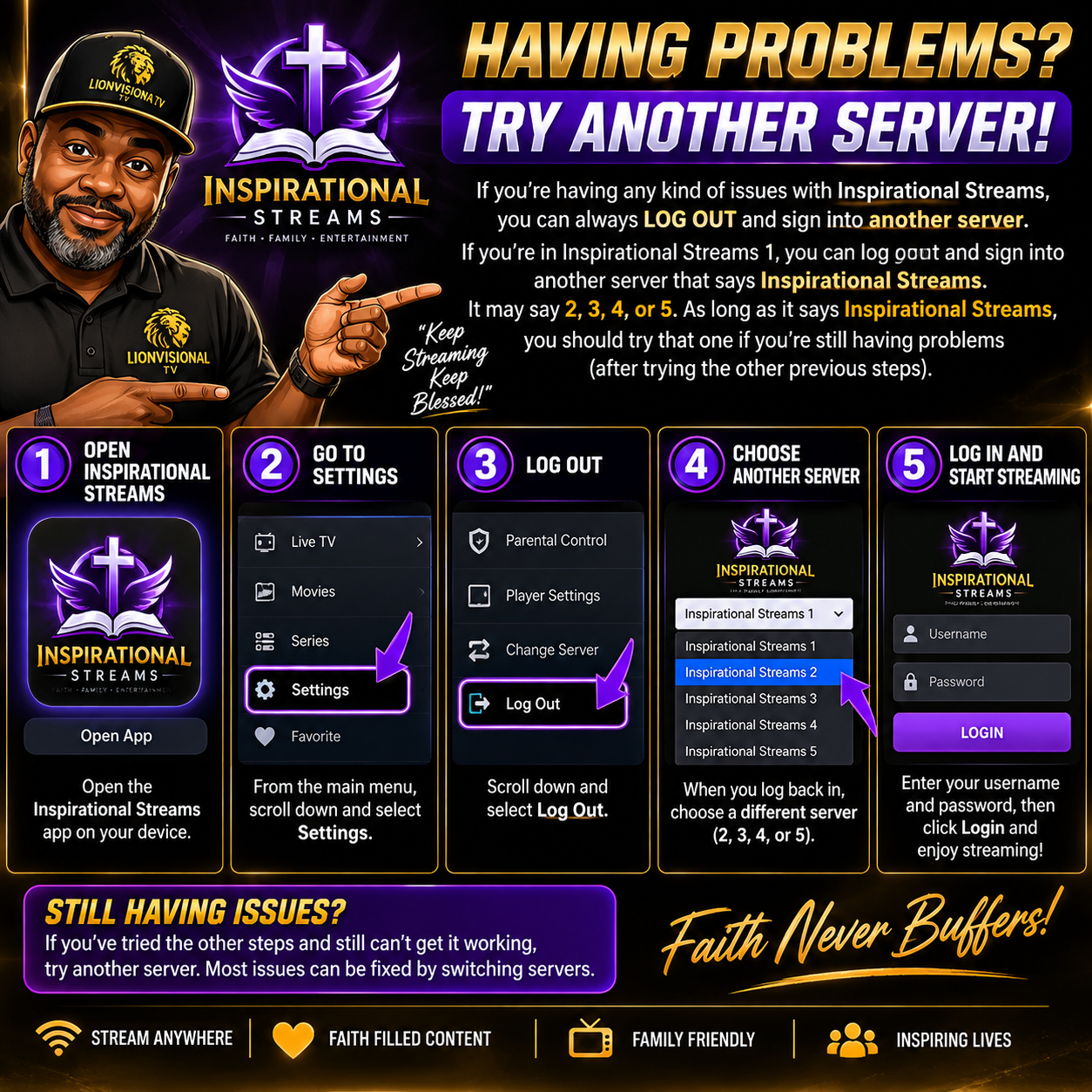 Inspirational Streams server switching guide