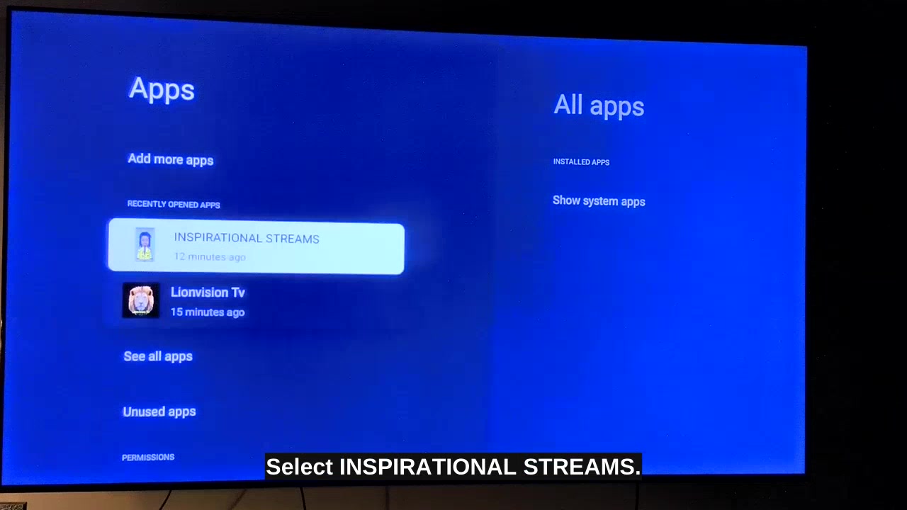 Inspirational Streams selected in the Google TV app list