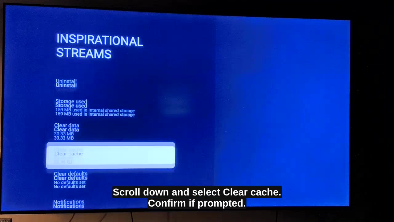 Inspirational Streams app settings showing Clear cache