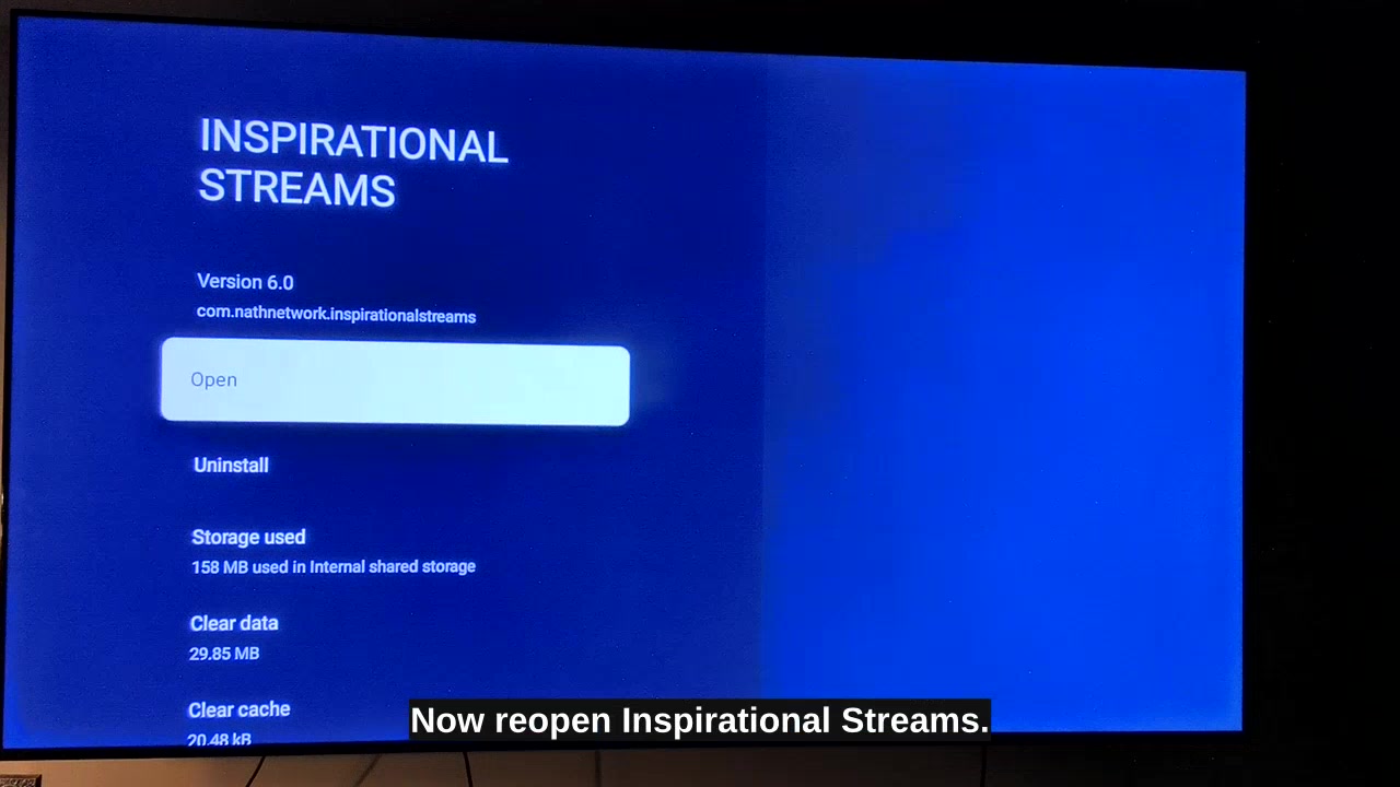 Inspirational Streams app settings showing Open