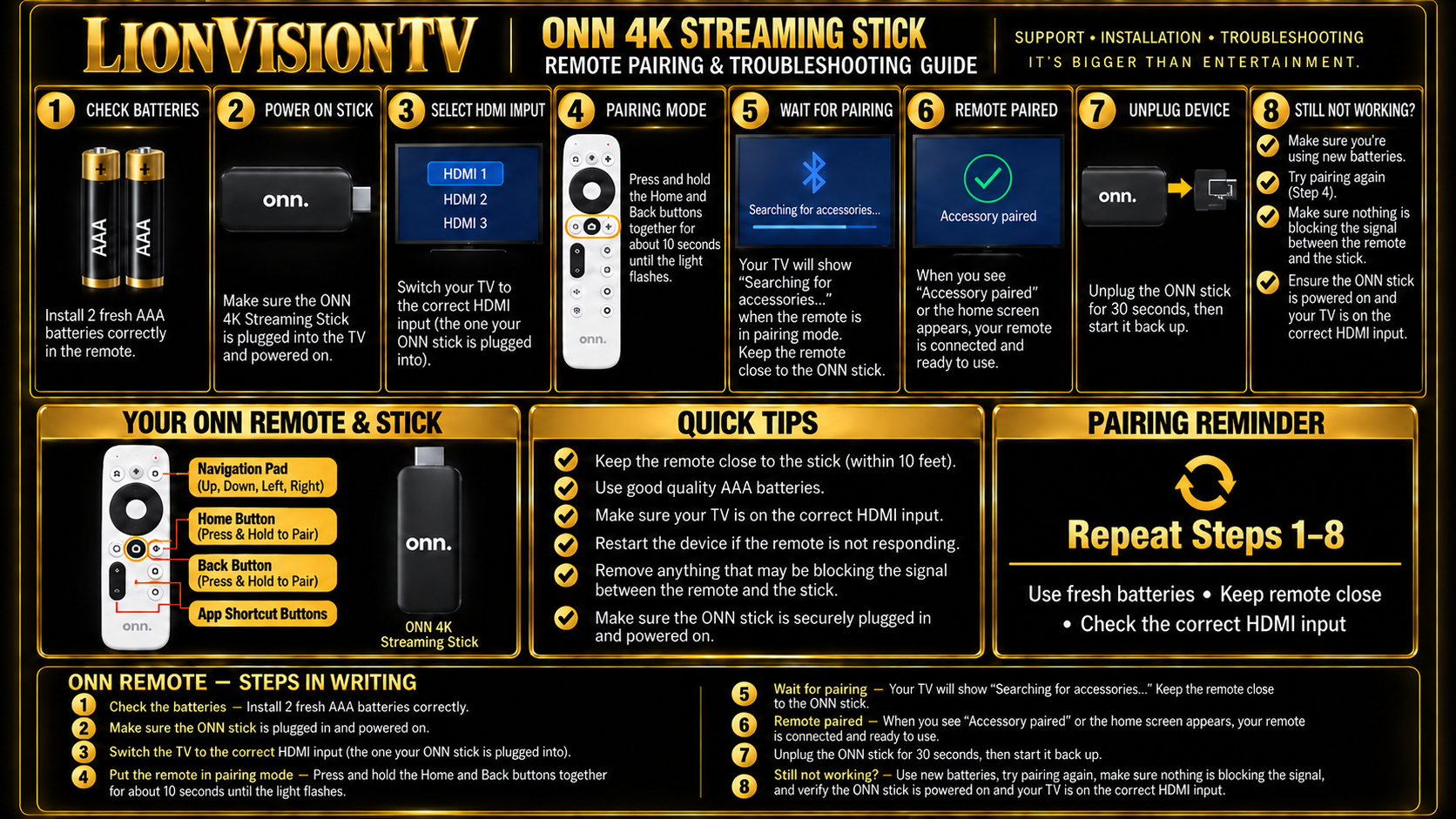 LionVision TV ONN 4K streaming stick white remote pairing and troubleshooting guide with steps 1 through 8